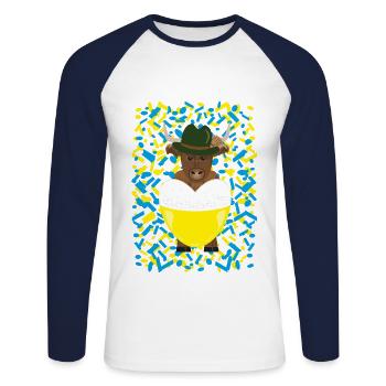 Trachtenmotiv mit Herz und lustigen Yak. - Unisex Baseballshirt langarm - Weiß/Navy - Vorne - Nik (191cm)