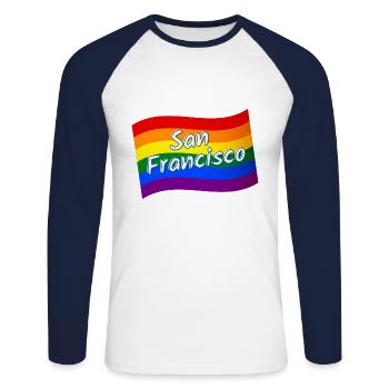 Gay Pride San Francisco rainbow flag LGBT LGBTQ - Unisex Long Sleeve Baseball T-Shirt - white/navy - Front - Nik (191cm)