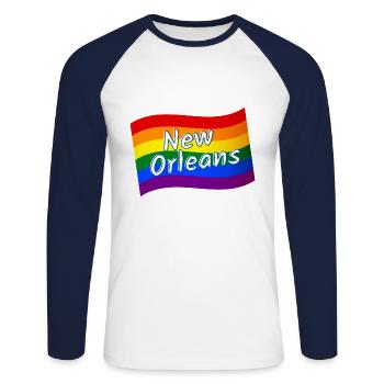 Gay Pride New Orleans rainbow flag LGBT LGBTQ - Unisex Long Sleeve Baseball T-Shirt - white/navy - Front - Nik (191cm)