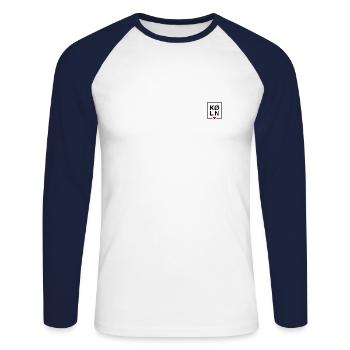 Stylischer Köln-Schriftzug mit roten Herz - Unisex Baseballshirt langarm - Weiß/Navy - Vorne - Nik (191cm)
