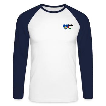 Kosovo Palestine Flag Heart - Unisex Long Sleeve Baseball T-Shirt - white/navy - Front - Nik (191cm)