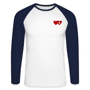 Chine Suisse Drapeau Mains Coeur Forme - T-shirt baseball manches longues Homme - blanc/marine - Devant - Nik (191cm)