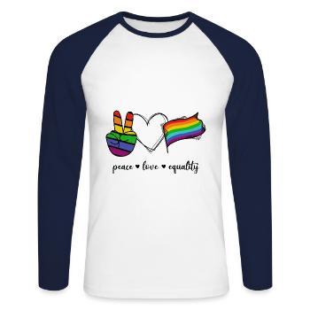 Peace Love Equality Liebe LGBTQ Gay Pride - Unisex Baseballshirt langarm - Weiß/Navy - Vorne - Nik (191cm)