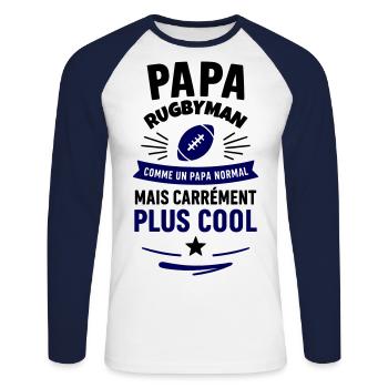 Papa rugbyman – plus cool qu’un papa normal - T-shirt baseball manches longues Homme - blanc/marine - Devant - Nik (191cm)