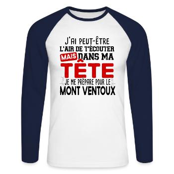 Mont Ventoux 2022 Cycliste Montagne Randonnée - T-shirt baseball manches longues Homme - blanc/marine - Devant - Nik (191cm)