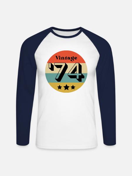 Jahrgang 1974 - Langærmet herre-baseballshirt - hvid/marineblå