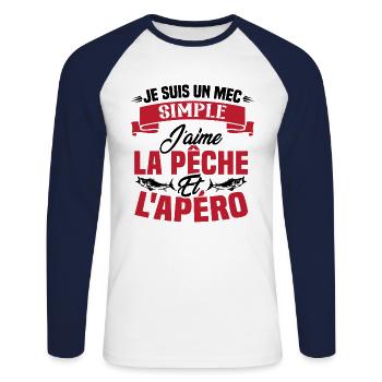 Je suis un mec simple j'aime la pêche et l'apéro - T-shirt baseball manches longues Homme - blanc/marine - Devant - Nik (191cm)