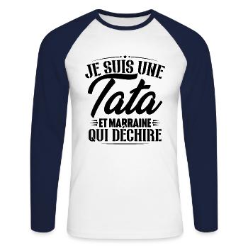 Je suis une tata et marraine qui déchire - T-shirt baseball manches longues Homme - blanc/marine - Devant - Nik (191cm)