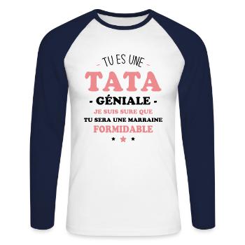 Une tata géniale et une marraine formidable - T-shirt baseball manches longues Homme - blanc/marine - Devant - Nik (191cm)