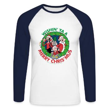 Popeye Wishin' Ya A Merry Christmas - Unisex Baseballshirt langarm - Weiß/Navy - Vorne - Nik (191cm)