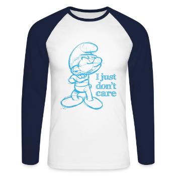 Schtroumpfs Design Avec Citation Je M'en Fous - T-shirt baseball manches longues Homme - blanc/marine - Devant - Nik (191cm)