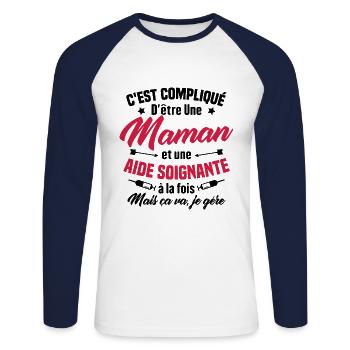 Compliqué d'être une maman et une Aide-soignante - T-shirt baseball manches longues Homme - blanc/marine - Devant - Nik (191cm)