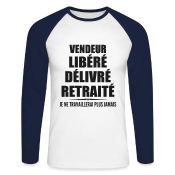 Vendeur célèbre sa retraite avec humour cadeau - T-shirt baseball manches longues Homme - blanc/marine - Devant - Nik (191cm)