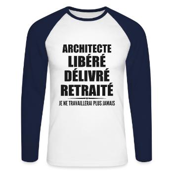 Architekt feiert seinen Ruhestand mit humorvollem Geschenk - Unisex Baseballshirt langarm - Weiß/Navy - Vorne - Nik (191cm)
