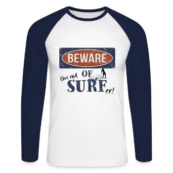 Méfiez-vous de ce surfeur ironique drôle signe d’avertissement - T-shirt baseball manches longues Homme - blanc/marine - Devant - Nik (191cm)