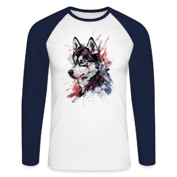 Chien husky - T-shirt baseball manches longues Homme - blanc/marine - Devant - Nik (191cm)