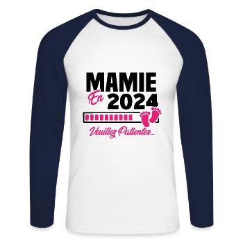 Mamie en 2024 / Cadeau future mamie 2024 - T-shirt baseball manches longues Homme - blanc/marine - Devant - Nik (191cm)