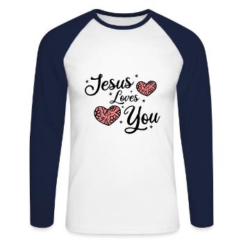 Jésus vous aime - T-shirt baseball manches longues Homme - blanc/marine - Devant - Nik (191cm)