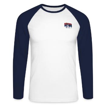 Serbien Flagge wehend - Unisex Baseballshirt langarm - Weiß/Navy - Vorne - Nik (191cm)
