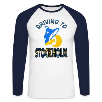 By motorbike to Stockholm Sweden Gift idea - Unisex Long Sleeve Baseball T-Shirt - white/navy - Front - Nik (191cm)