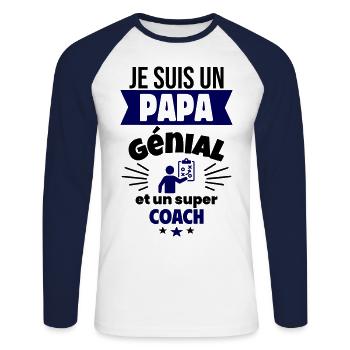 Papa génial & coach – idée fête des pères - T-shirt baseball manches longues Homme - blanc/marine - Devant - Nik (191cm)