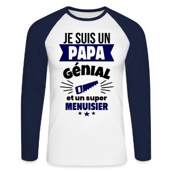 Papa génial & menuisier – idée fête des pères - T-shirt baseball manches longues Homme - blanc/marine - Devant - Nik (191cm)
