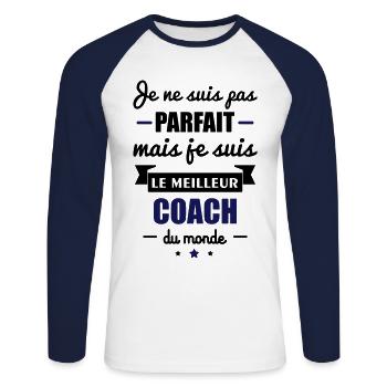 pas parfait meilleur coach,idée cadeau coach - T-shirt baseball manches longues Homme - blanc/marine - Devant - Nik (191cm)