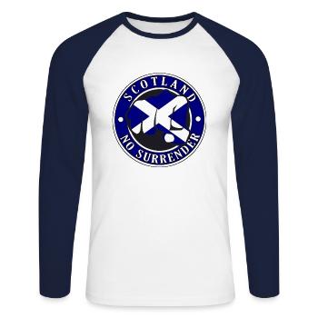 Scotland "No Surrender" Fist - Unisex Long Sleeve Baseball T-Shirt - white/navy - Front - Nik (191cm)