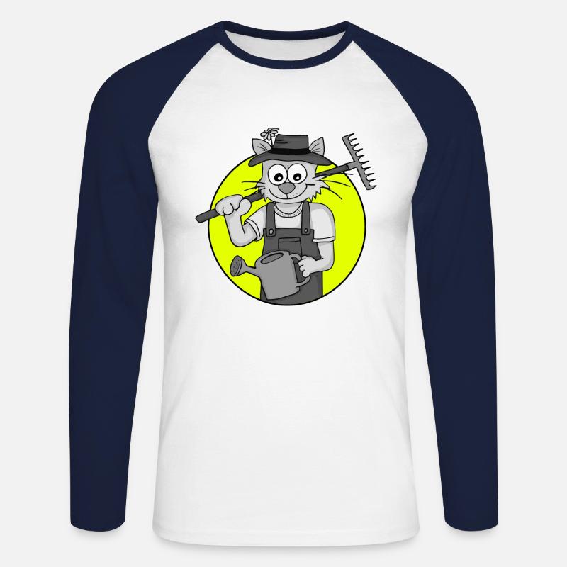 Retro Gärtner-Katze - Unisex Baseballshirt langarm - Weiß/Navy
