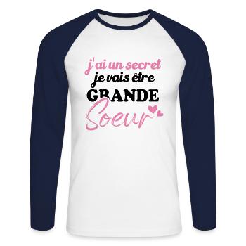 J'ai un secret je vais être grande sœur - T-shirt baseball manches longues Homme - blanc/marine - Devant - Nik (191cm)
