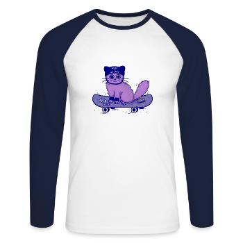 Skateboard chat « Wear a Helmet » - T-shirt baseball manches longues Homme - blanc/marine - Devant - Nik (191cm)