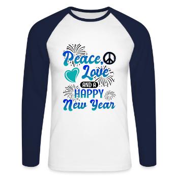 Réveillon du Nouvel An, Paix, Amour, Bonne Année - T-shirt baseball manches longues Homme - blanc/marine - Devant - Nik (191cm)