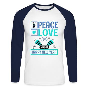 Réveillon du Nouvel An, Paix, Amour, Bonne Année - T-shirt baseball manches longues Homme - blanc/marine - Devant - Nik (191cm)