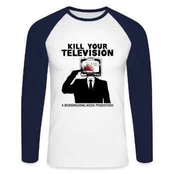 Brainwashing Kill your TV Fake News Portest - Unisex Long Sleeve Baseball T-Shirt - white/navy - Front - Nik (191cm)