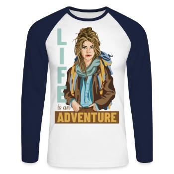 Life is an Adventure - Unisex Long Sleeve Baseball T-Shirt - white/navy - Front - Nik (191cm)