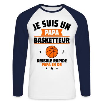 Cadeau fête des pères : Papa basketteur, en or - T-shirt baseball manches longues Homme - blanc/marine - Devant - Nik (191cm)