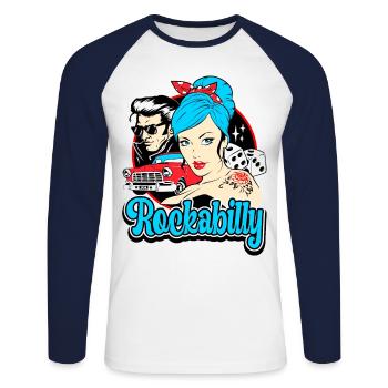 Rockabilly Pin-Up Vintage Rocker Rétro - T-shirt baseball manches longues Homme - blanc/marine - Devant - Nik (191cm)