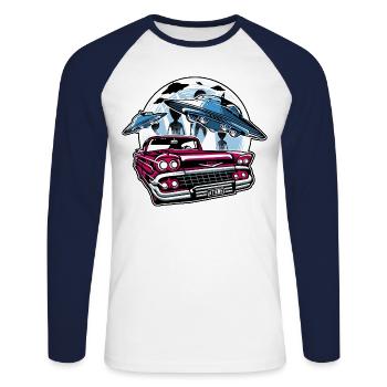 alien attack on earth - Unisex Long Sleeve Baseball T-Shirt - white/navy - Front - Nik (191cm)