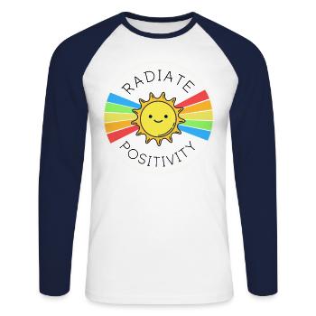 Radiate Positivity - Unisex Long Sleeve Baseball T-Shirt - white/navy - Front - Nik (191cm)