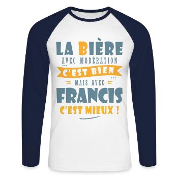 Francis Bière Cadeau Humour cadeau francis - T-shirt baseball manches longues Homme - blanc/marine - Devant - Nik (191cm)