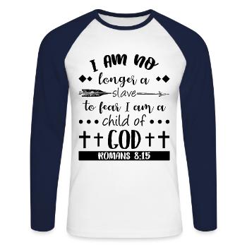 Not a slave but a child of God - Bible - Unisex Long Sleeve Baseball T-Shirt - white/navy - Front - Nik (191cm)