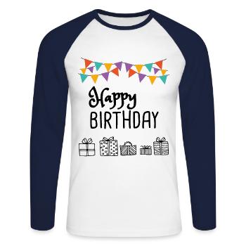 Happy Birthday T-Shirt - Unisex Baseballshirt langarm - Weiß/Navy - Vorne - Nik (191cm)