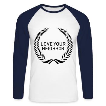 Vêtements chrétiens et amour du voisin - T-shirt baseball manches longues Homme - blanc/marine - Devant - Nik (191cm)