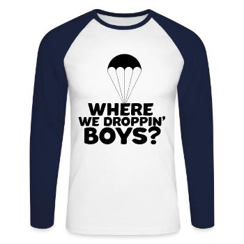 Where We Droppin' Boys? Gaming Shirt Battle Royale - Unisex Baseballshirt langarm - Weiß/Navy - Vorne - Nik (191cm)