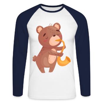 Ours & saxophone - T-shirt baseball manches longues Homme - blanc/marine - Devant - Nik (191cm)