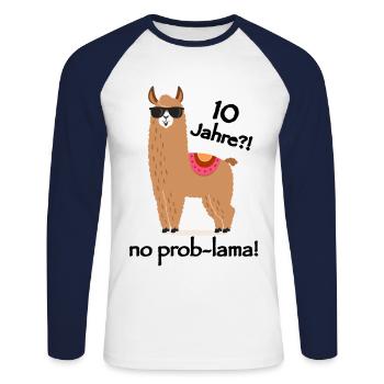 ten years?! No Prob-lama! - Unisex Long Sleeve Baseball T-Shirt - white/navy - Front - Nik (191cm)