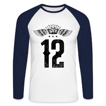 12 Zahl Krone - Unisex Baseballshirt langarm - Weiß/Navy - Vorne - Nik (191cm)