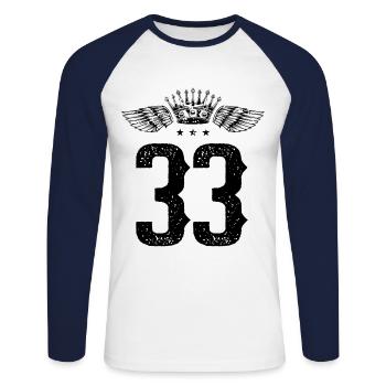 33 Zahl Krone - Unisex Baseballshirt langarm - Weiß/Navy - Vorne - Nik (191cm)