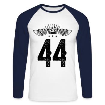 44 Zahl Krone - Unisex Baseballshirt langarm - Weiß/Navy - Vorne - Nik (191cm)