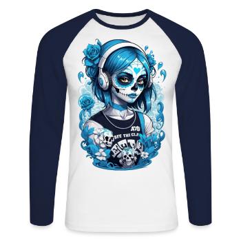 Sugar Skull Girl with Headphones and Blue Roses - Unisex Long Sleeve Baseball T-Shirt - white/navy - Front - Nik (191cm)
